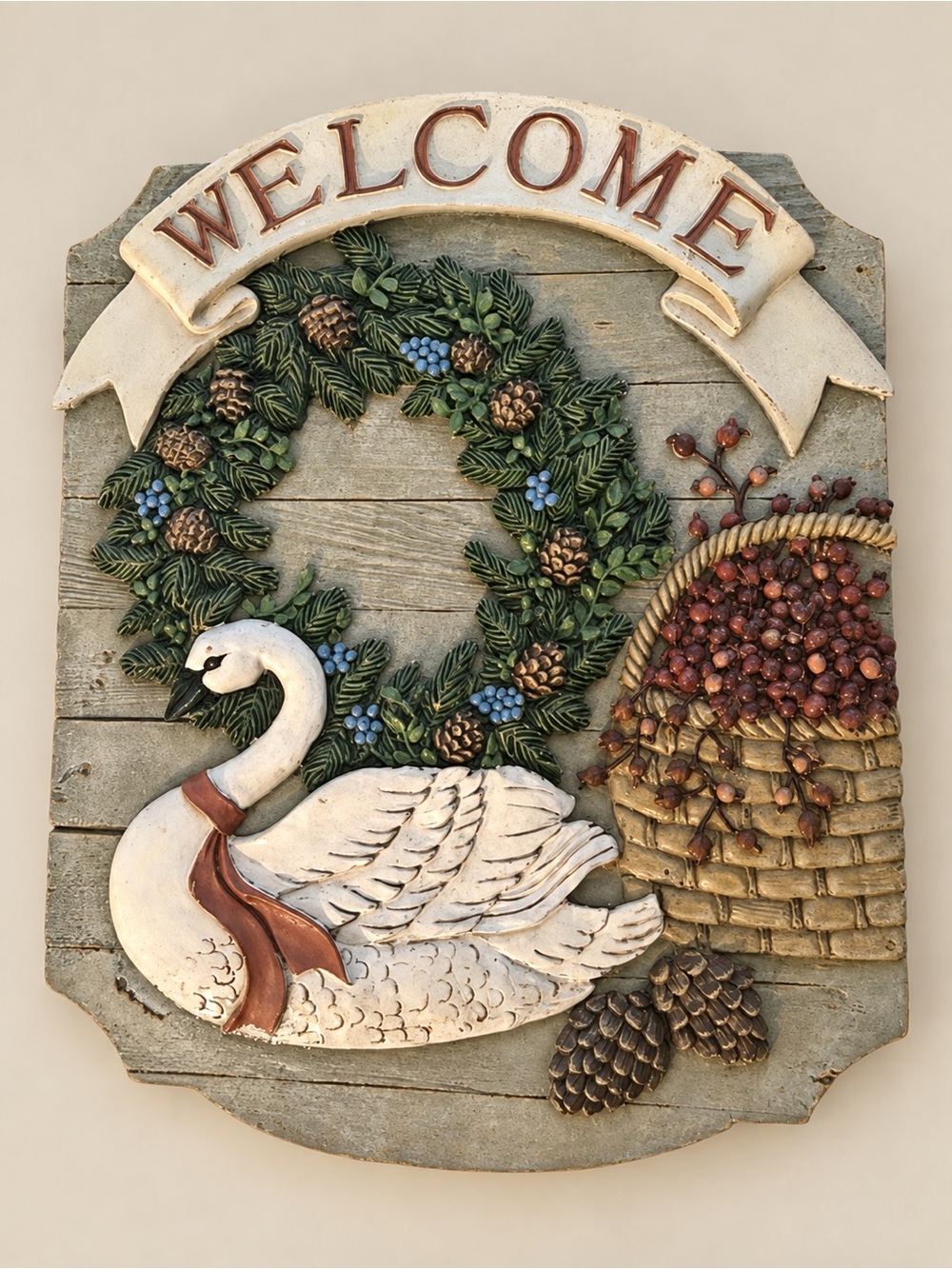 Festive White Swan Welcome Plaque with Green Wreath and Red Berry Basket